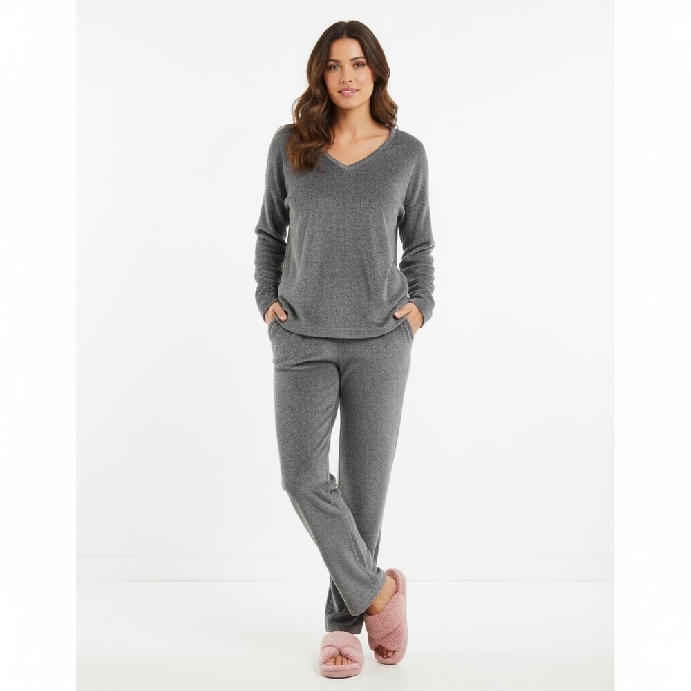Natori Womens Gray Shimmer Knit V-Neck Lounge Set Long Sleeve Top and Pants S